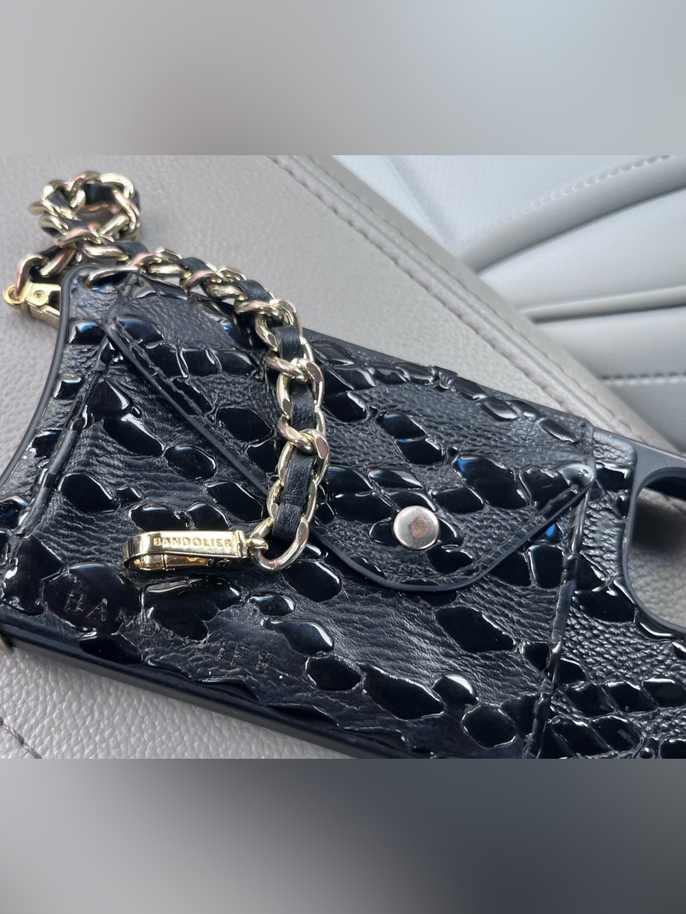 Bandolier Croc-Textured Leather Wallet Phone Case with Gold Chain wristlet .